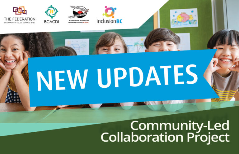 Five young children smiling as they sit at a table. Text below reads, Community Led collaboration project. A blue ribbon over the image reads, New Updates, in large all-caps text