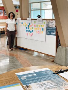 A woman wearing a white T-shirt stands in a large room beside a white board with many colourful sticky notes on it. The notes have writing on them and are under pieces of paper with writing prompts.