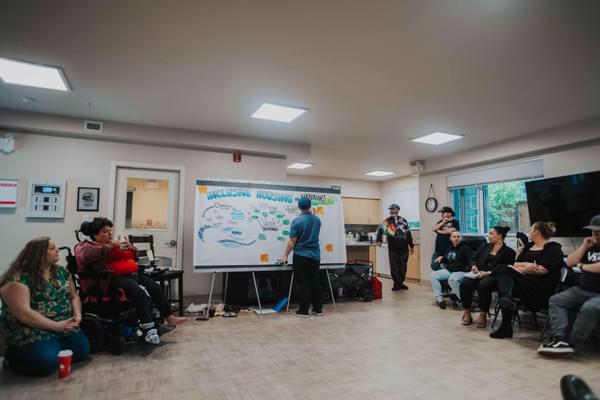 A group of people sitting in chairs in a large circle facing the front of a room where a whiteboard sits. There is a person standing at the whiteboard writing on it. The is a heading at the top of the whiteboard that reads: Inclusive housing in Nanaimo. There are various colourful diagrams drawn all over the whiteboard related to inclusive housing needs in Nananimo.