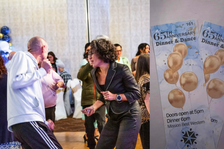 Two images side by side. on the right is two tickets with image of gold balloons sitting on a table. The tickets read: 65th anniversary dinner and dance. Doors open at 5pm. Dinner at 6pm. Mission Best Western. MACL. on the left is