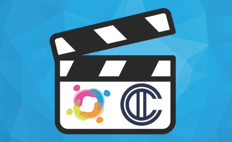 A film clapper board on a blue background. The clapper board has the Inlcusion BC and Canadian Institute for Inclusion and Citizenship logos on it